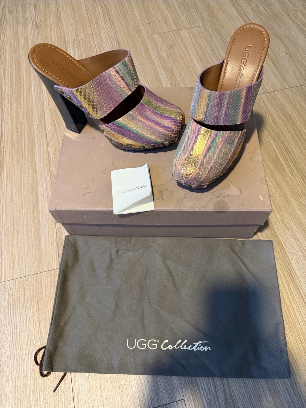 UGG Amadora Disco Multicolor Iridescent Leather Platform Clogs Mules Size 38
